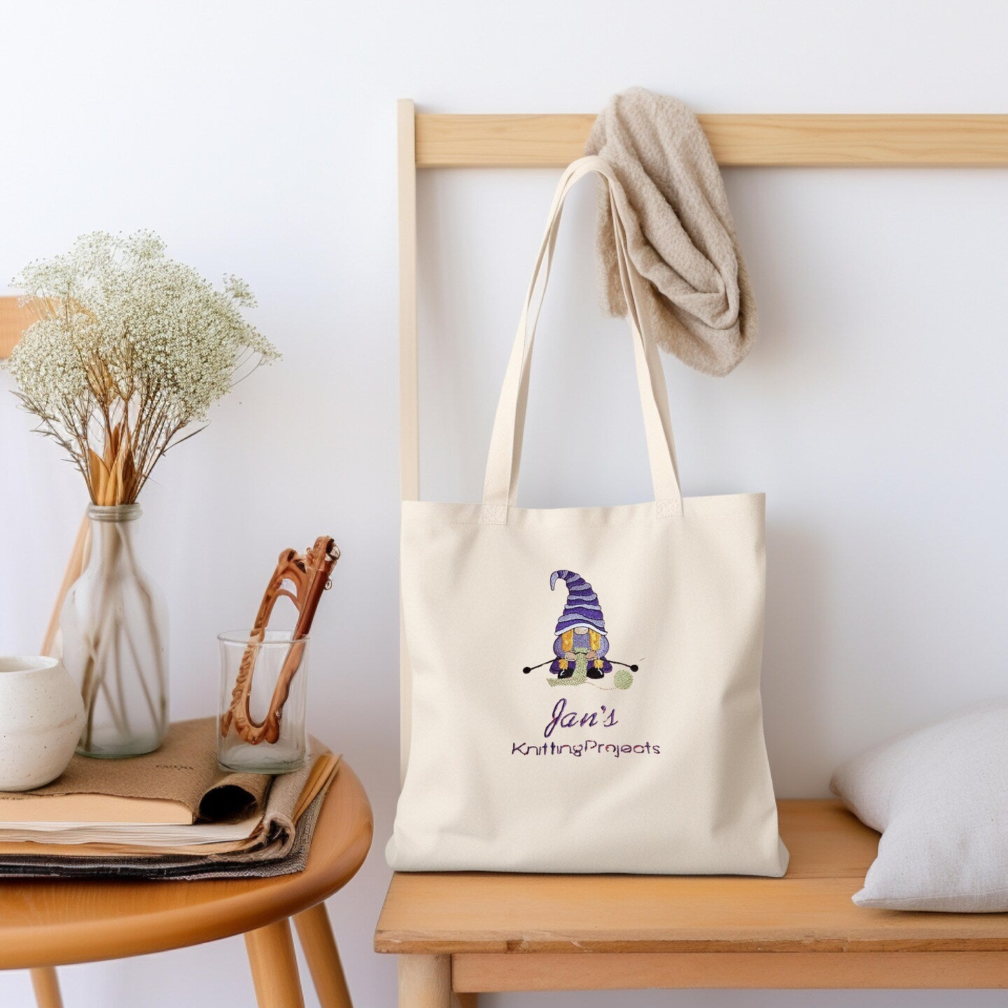 Personalized Embroidered Gnome Knitting Bag Reusable Grocery Sack Custom Shopping Bag Embroidered Canvas Book Tote for Mom Birthday Gift Bag