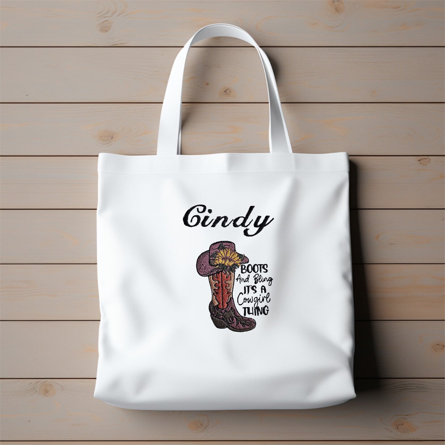 Personalized Embroidered Boots and Bling Canvas Book Bag Reusable Grocery Sack Custom Shopping Bag Canvas Tote for Mom Birthday Gift Bag