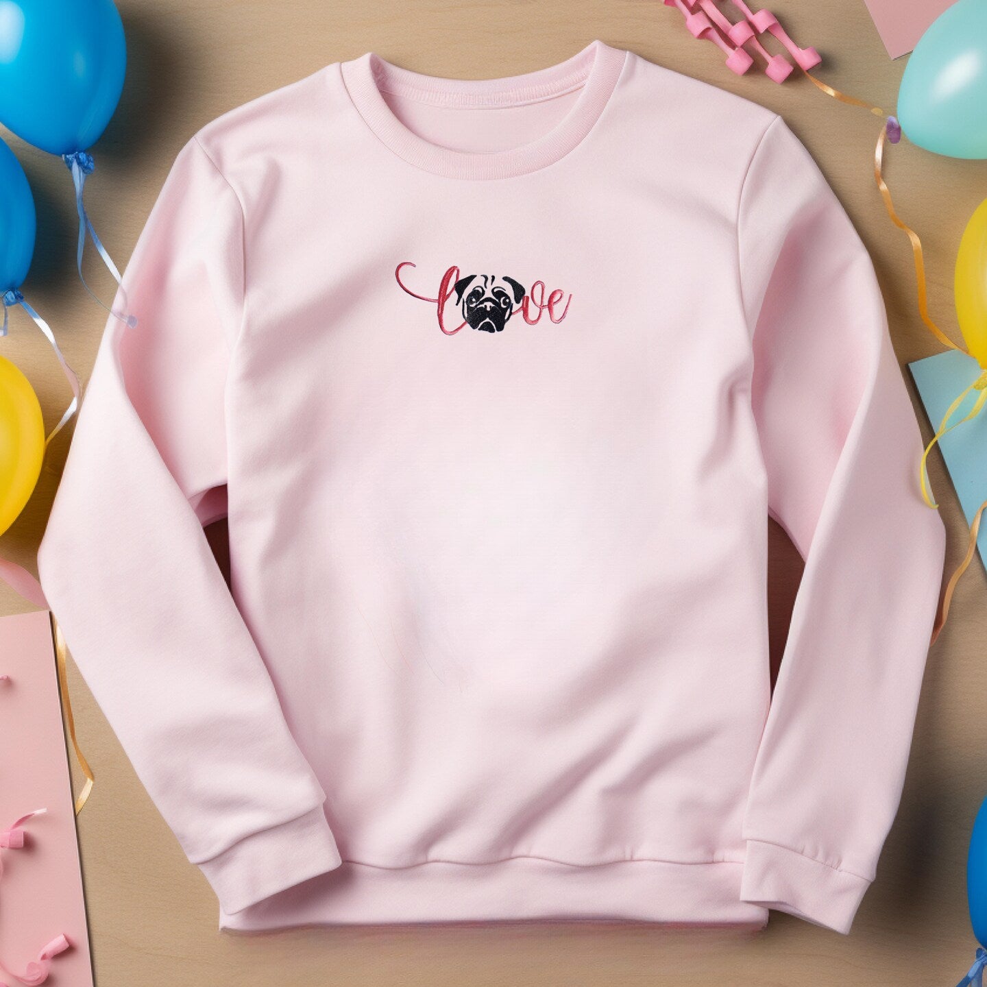 Embroidered Sweatshirt Love Pug Womens Sweater Gift Comfy Pullover Unisex Hoodie Embroidered Custom Crewneck Sweatshirt for Mom