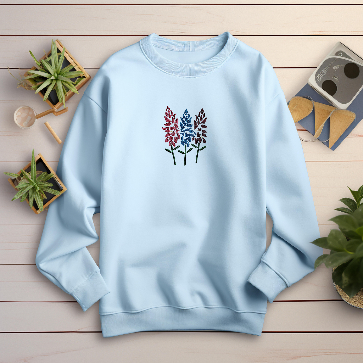 Embroidered Sweatshirt Three Lupines Sweater Comfy Gift Women's and Men's Pullover Present Unisex Hoodie Embroidered Custom Crewneck