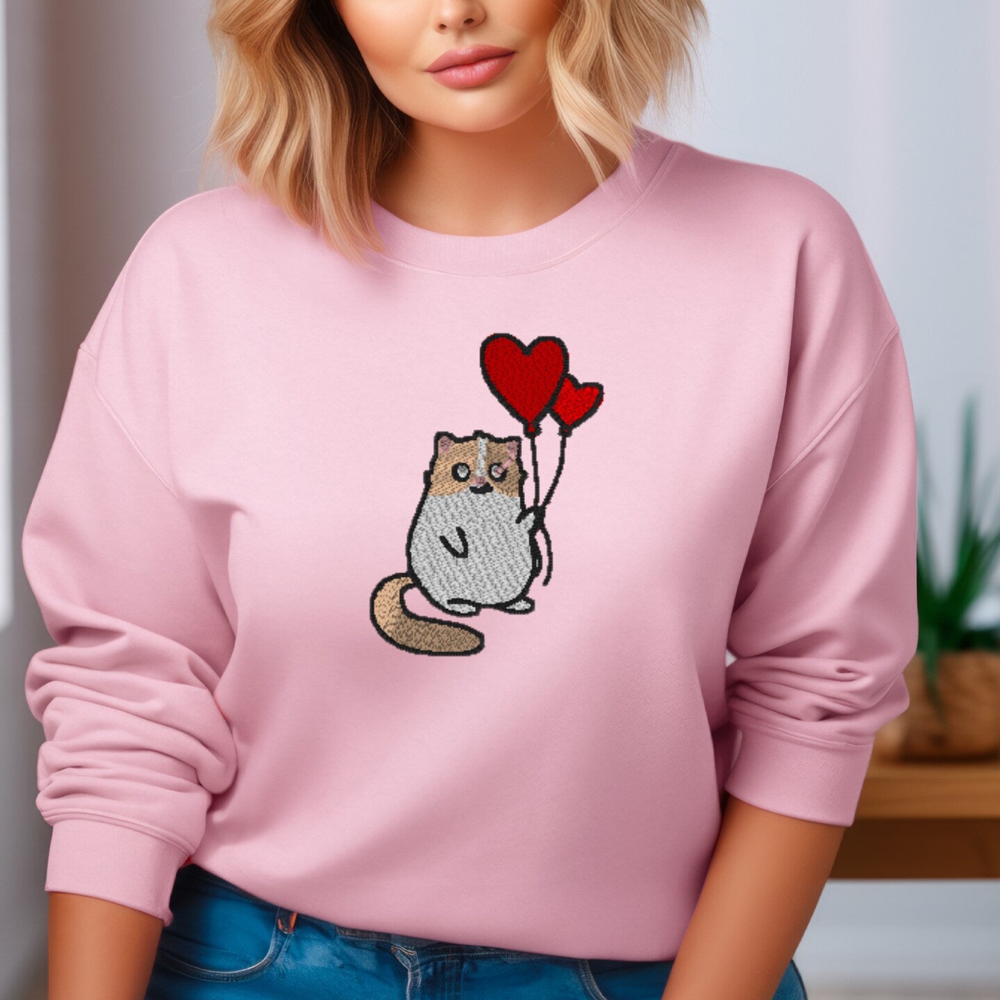 Embroidered Sweatshirt Cat with Balloon Fun Mother's Day Gift Soft Comfy Sweater Present Unisex Hoodie Custom Crewneck Sweatshirt