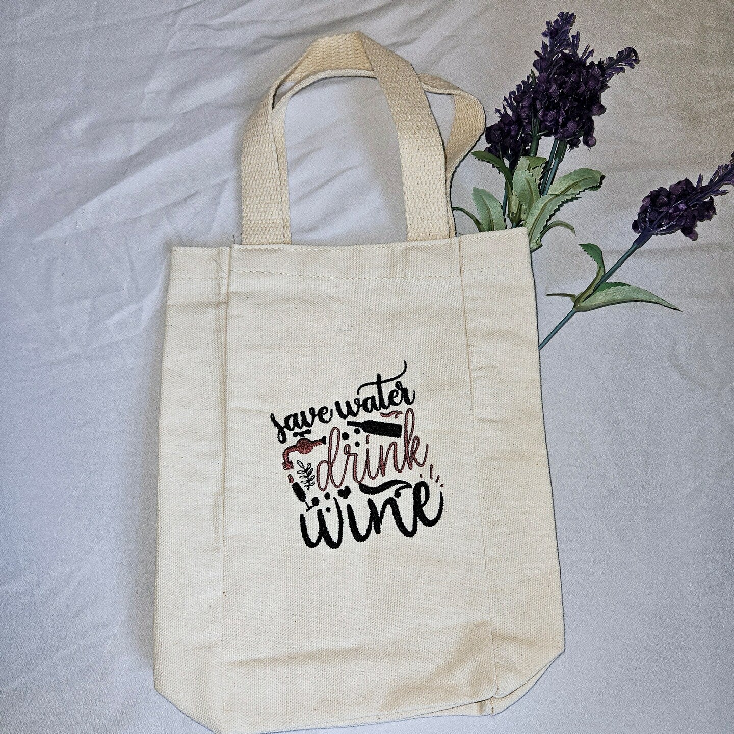 Embroidered Canvas Double Wine Tote Housewarming Wine Bag Gift Mother's Day Wine Sack Present Thank You Gift