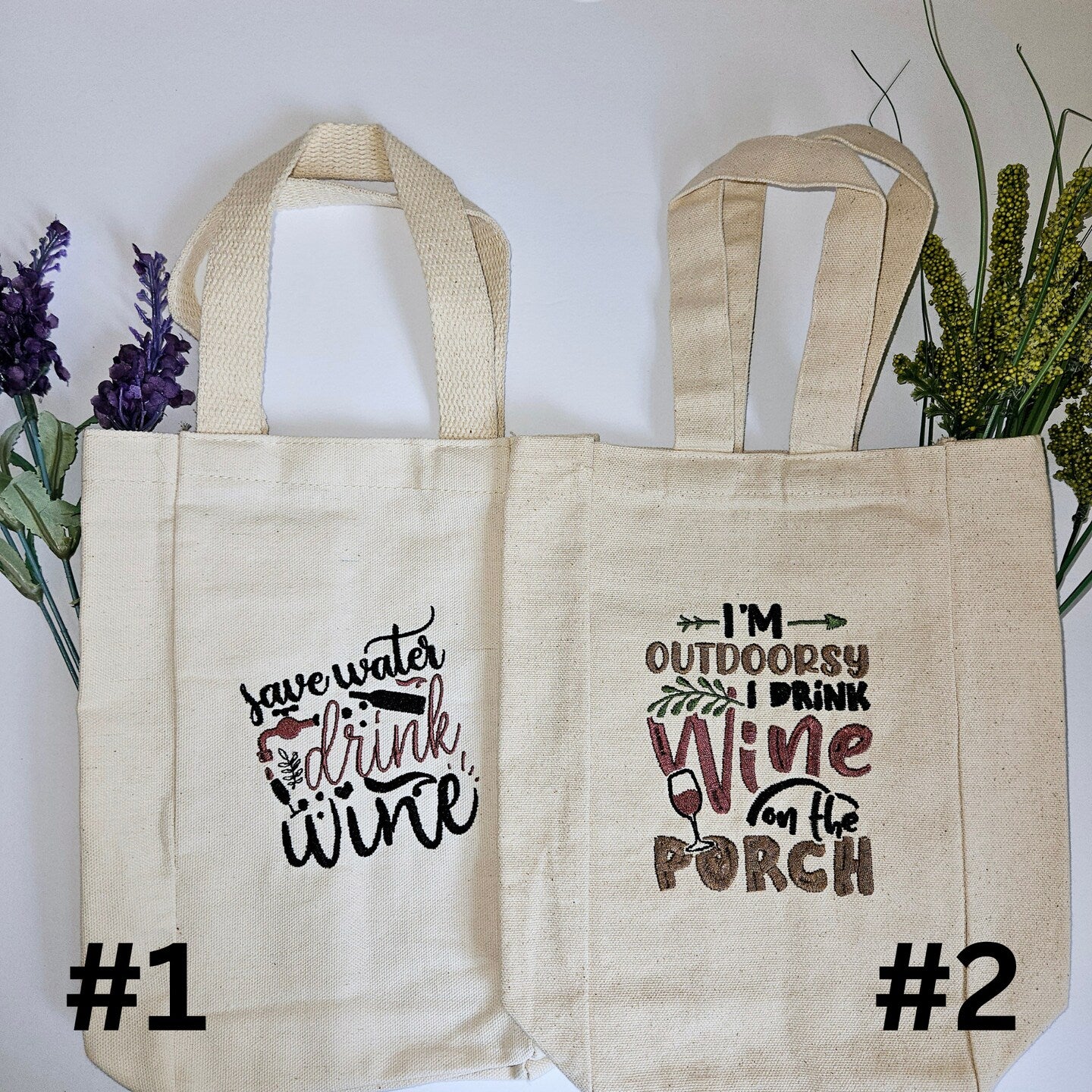 Embroidered Canvas Double Wine Tote Housewarming Wine Bag Gift Mother's Day Wine Sack Present Thank You Gift