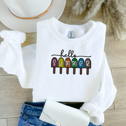 Embroidered Sweatshirt Hello Summer Fun Mother's Day Gift Soft Comfy Sweater Present Unisex Hoodie Custom Crewneck Sweatshirt