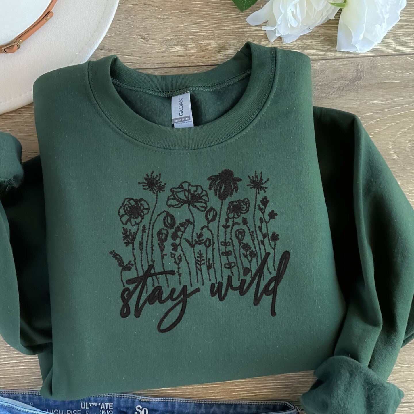 Embroidered Sweatshirt Stay Wild Flower Mother's Day Gift Soft Comfy Sweater Present Unisex Hoodie Custom Crewneck Sweatshirt