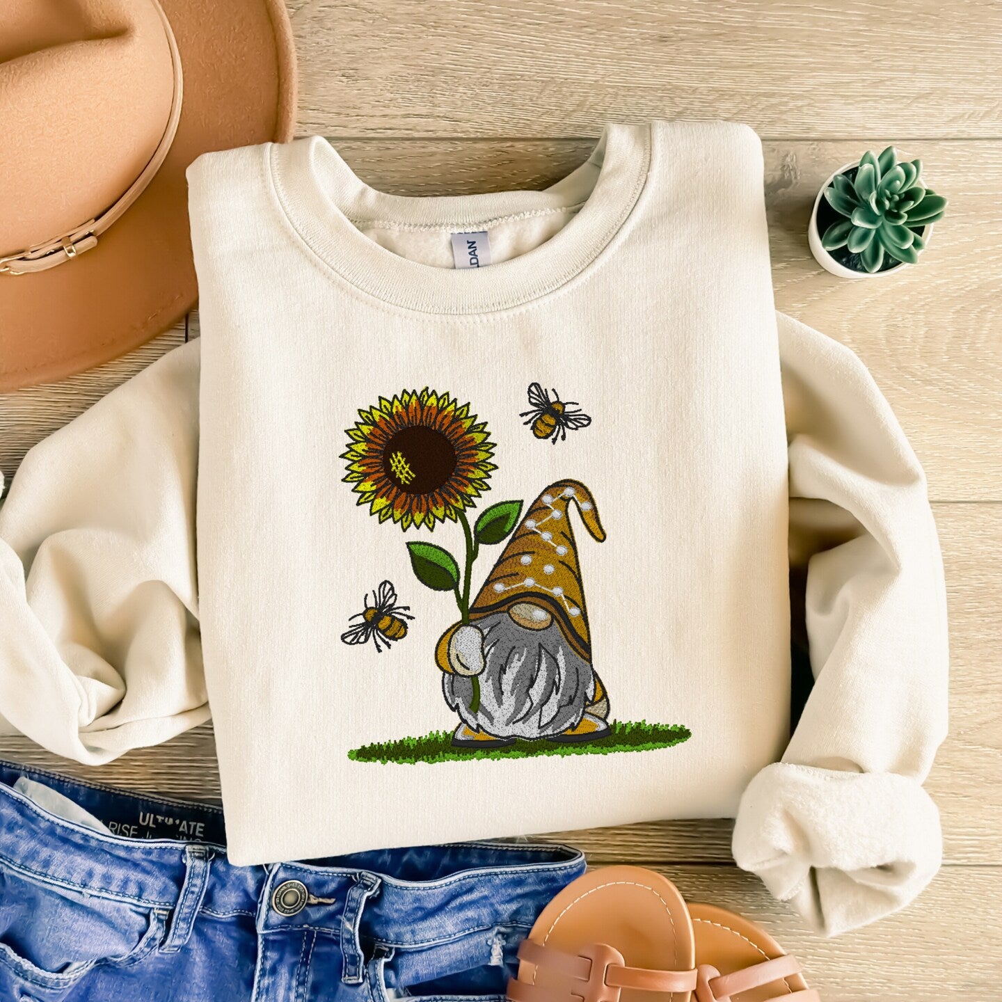 Embroidered Sweatshirt Sunflower Gnome Mother's Day Gift Soft Comfy Sweater Present Unisex Hoodie Custom Crewneck Sweatshirt