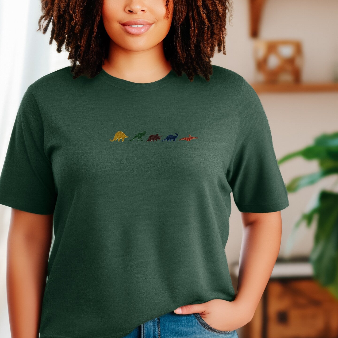 Embroidered Dinosaur T-shirt Women's and Men's Tee Shirt Gift Unisex Comfy Pullover Shirt Teen Present Embroidered Custom Crewneck T-shirt