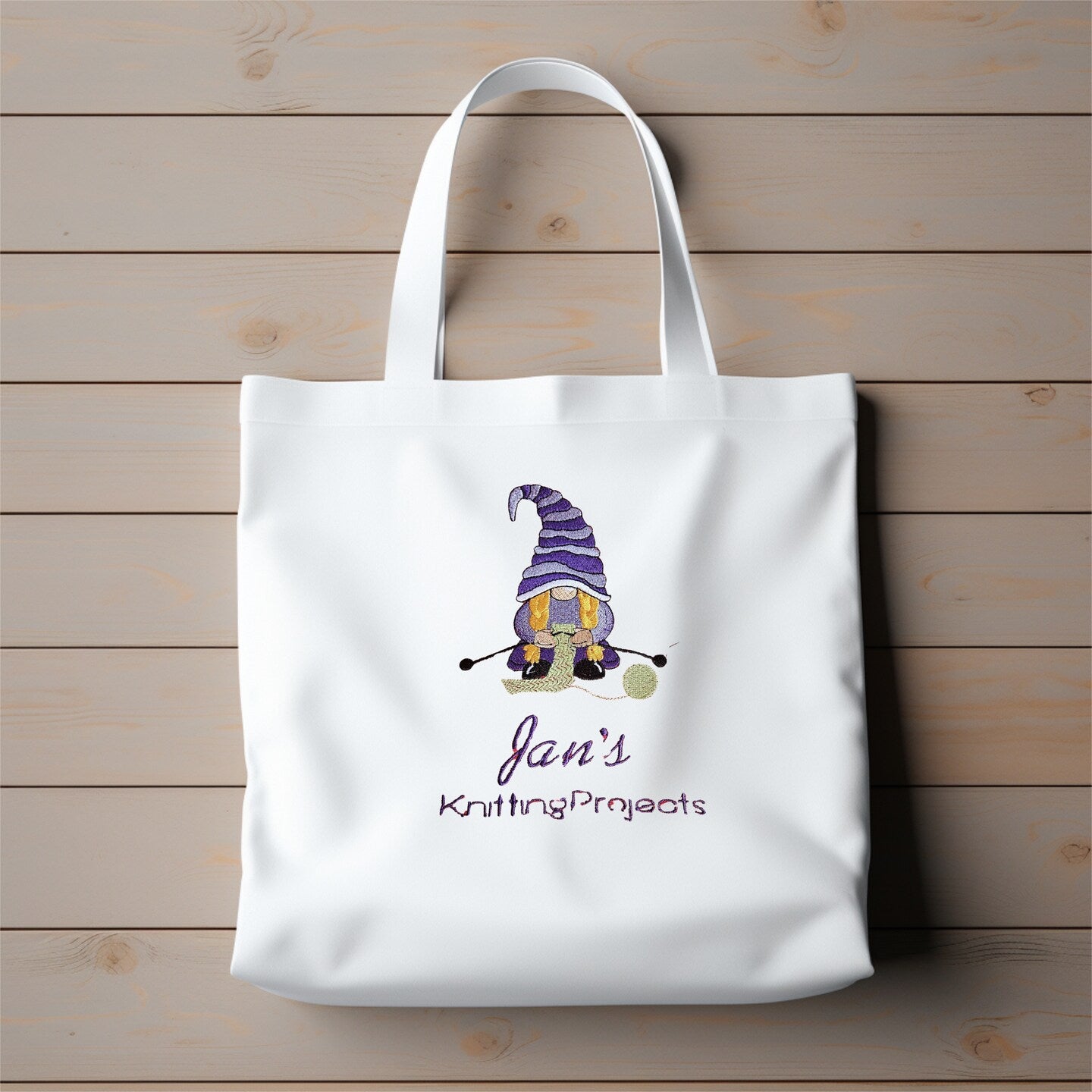 Personalized Embroidered Gnome Knitting Bag Reusable Grocery Sack Custom Shopping Bag Embroidered Canvas Book Tote for Mom Birthday Gift Bag