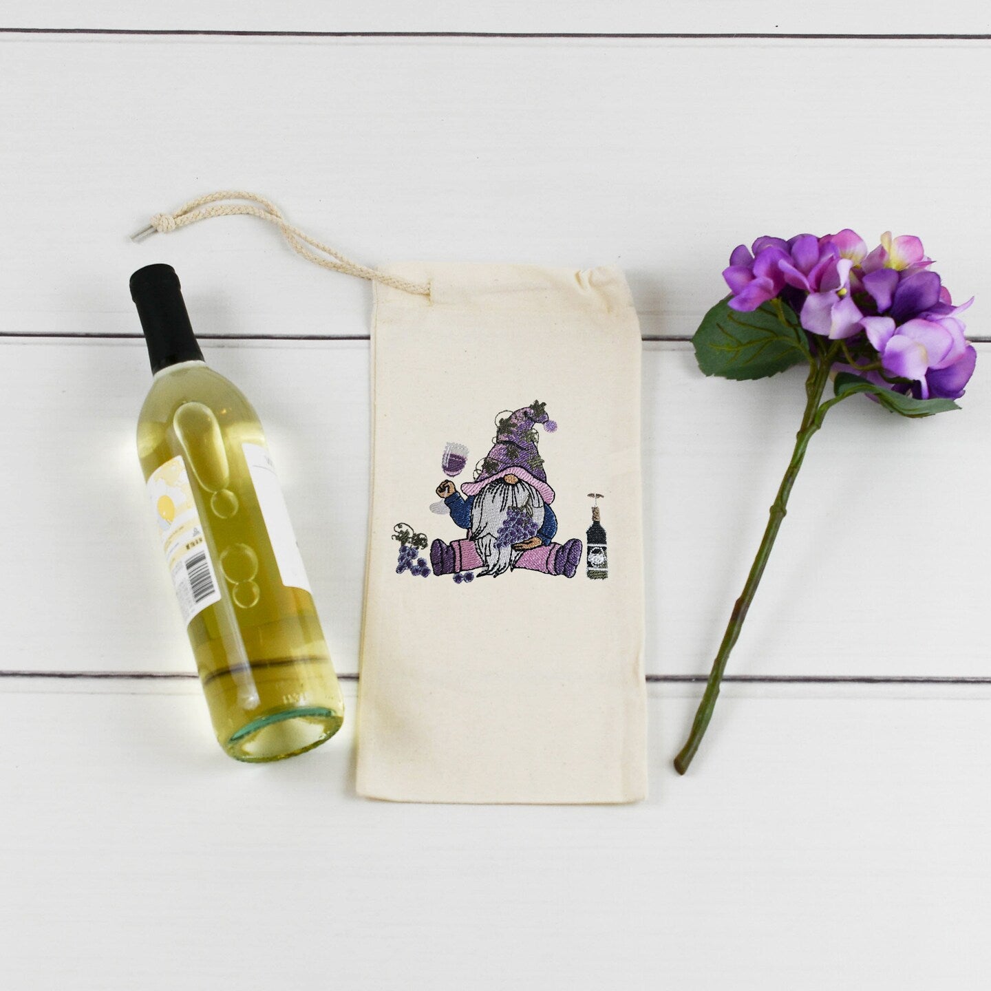 Embroidered Gnome Canvas Drawstring Wine Tote Housewarming Wine Bag Wine Sack Present Thank You Gift Hostess Gift Appreciation Wine Gift Bag