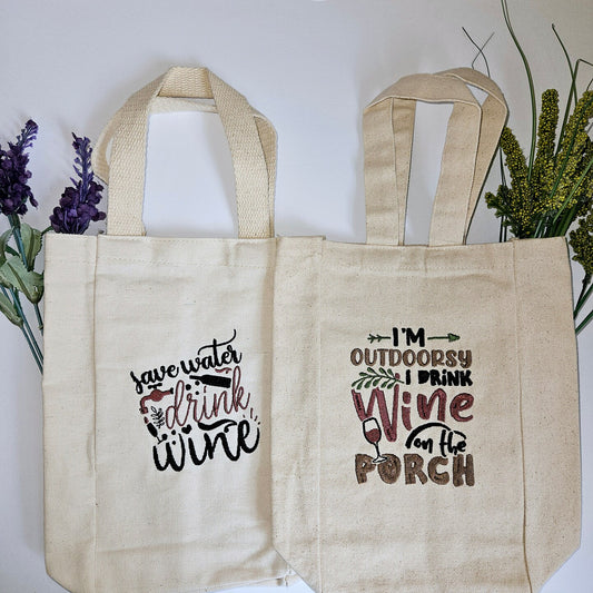 Embroidered Canvas Double Wine Tote Housewarming Wine Bag Gift Mother's Day Wine Sack Present Thank You Gift