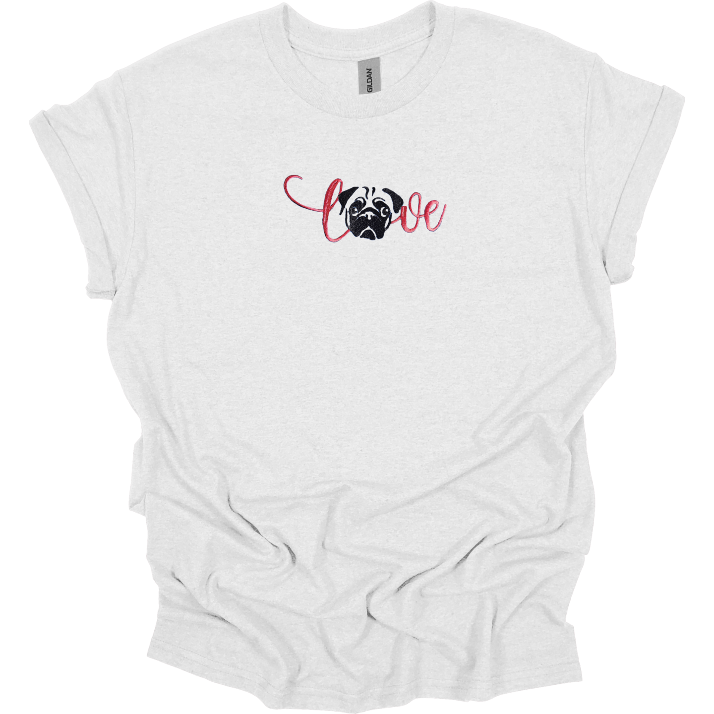 Embroidered T-shirt Love Pug Womens Tee Shirt Gift Unisex Comfy Pullover Shirt Teen Present Embroidered Custom Crewneck T-shirt