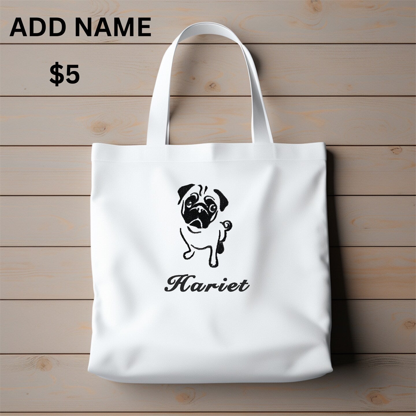 Personalized Embroidered Pug Canvas Book Bag Reusable Grocery Sack Custom Shopping Bag Canvas Tote Mother's Day Gift Present for Reader