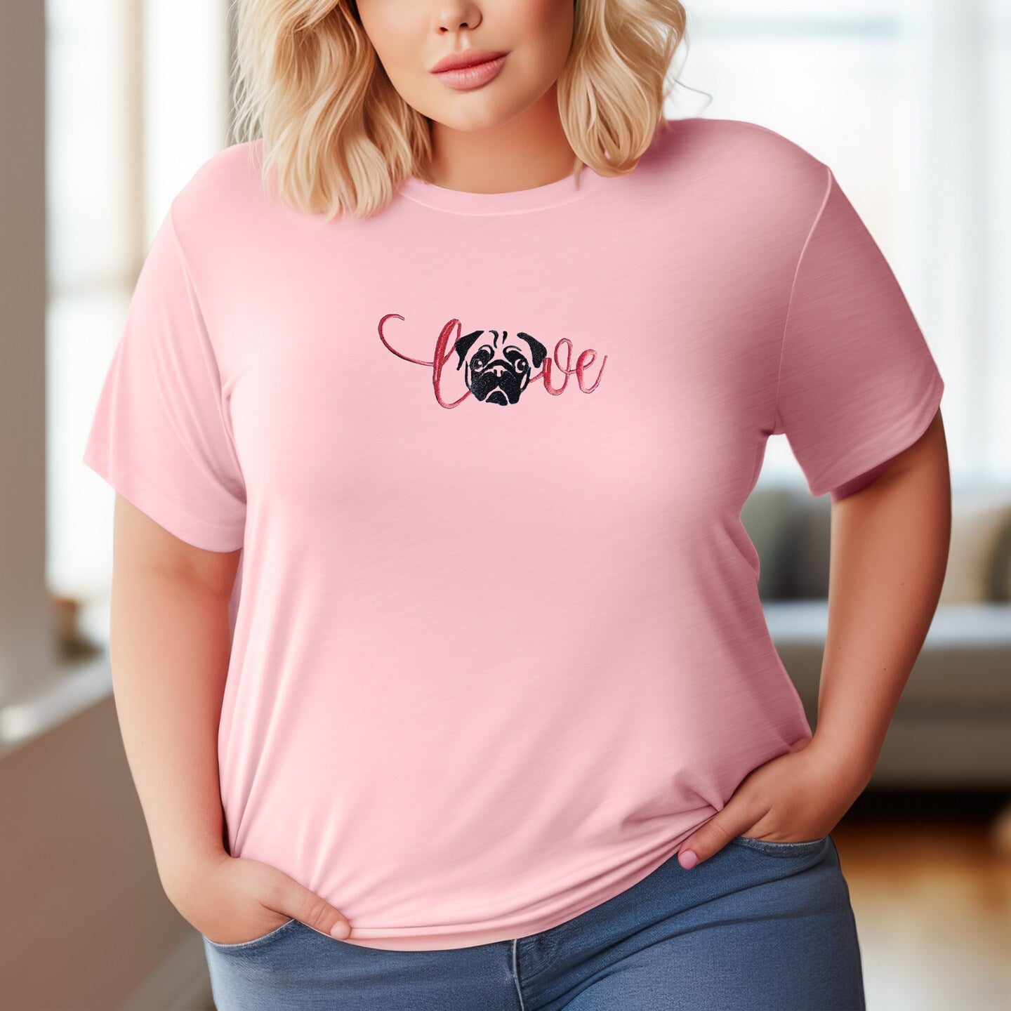 Embroidered T-shirt Love Pug Womens Tee Shirt Gift Unisex Comfy Pullover Shirt Teen Present Embroidered Custom Crewneck T-shirt