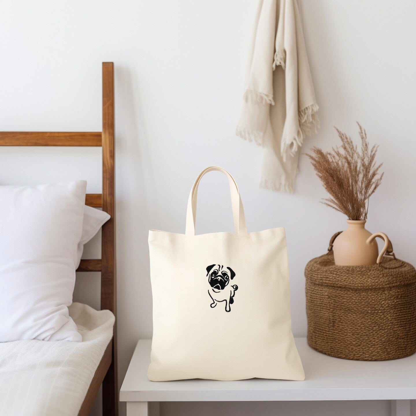 Personalized Embroidered Pug Canvas Book Bag Reusable Grocery Sack Custom Shopping Bag Canvas Tote Mother's Day Gift Present for Reader