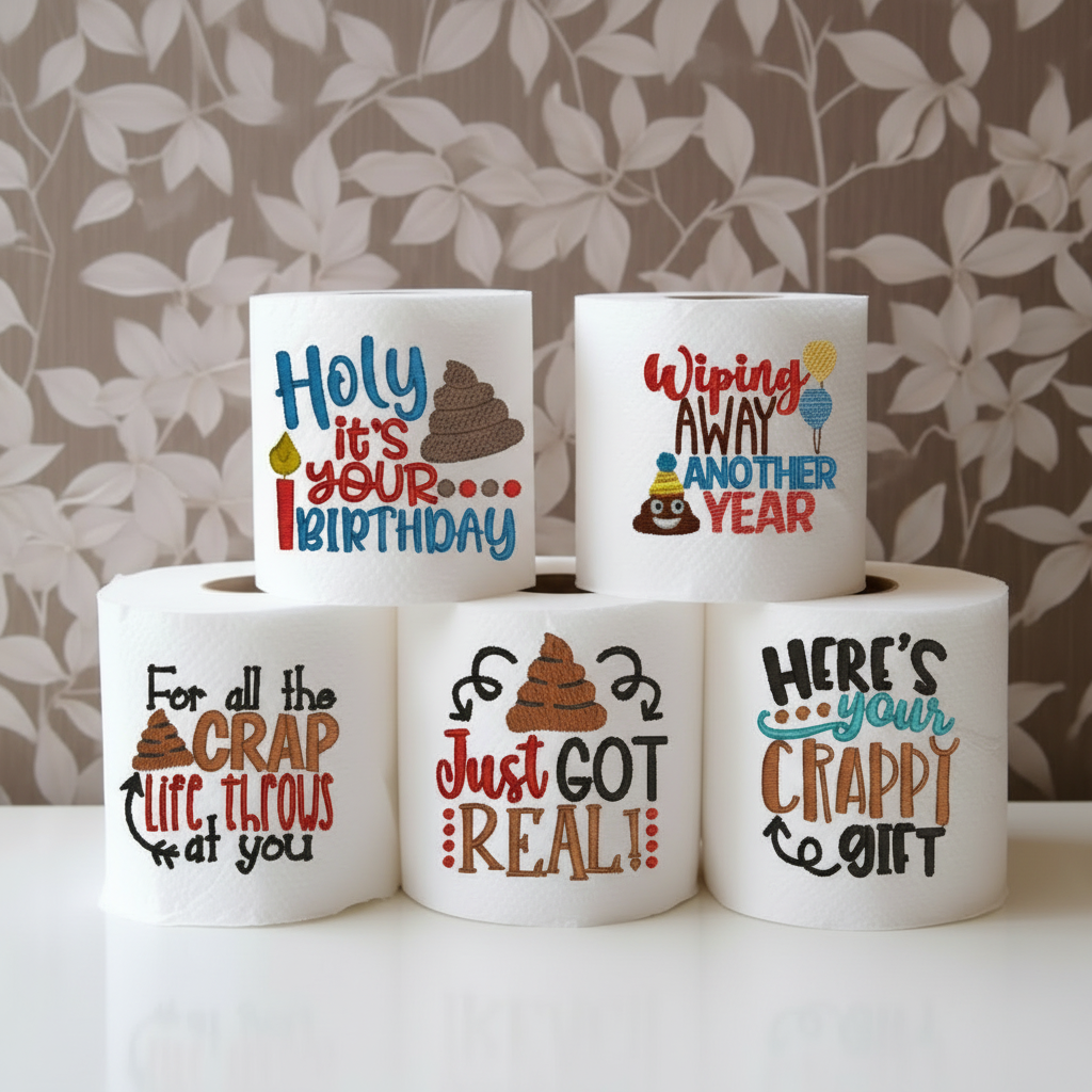 Embroidered toilet paper rolls with various humorous phrases related to birthdays and gifts, displayed on a white surface with a leafy pattern in the background.