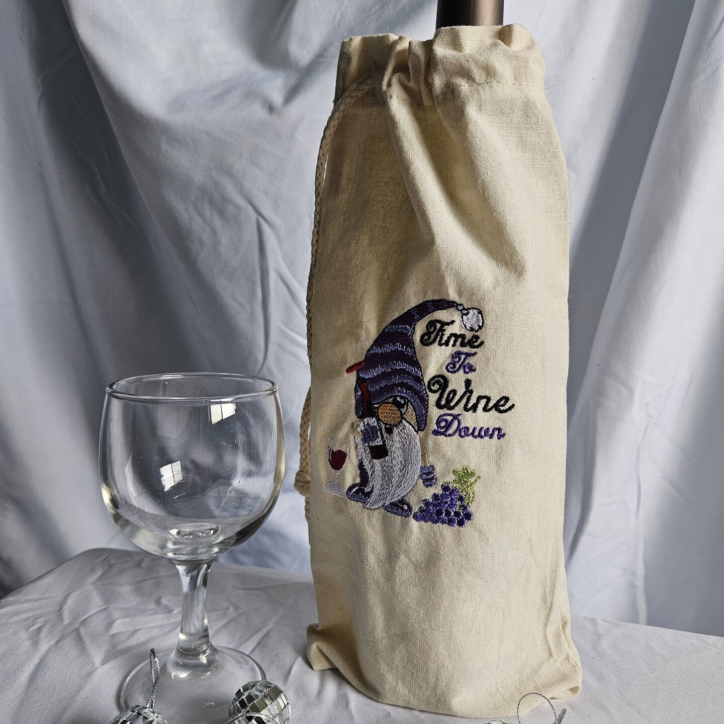 Embroidered Gnome Canvas Drawstring Wine Tote Housewarming Wine Bag Wine Sack Present Thank You Gift Hostess Gift Appreciation Wine Gift Bag