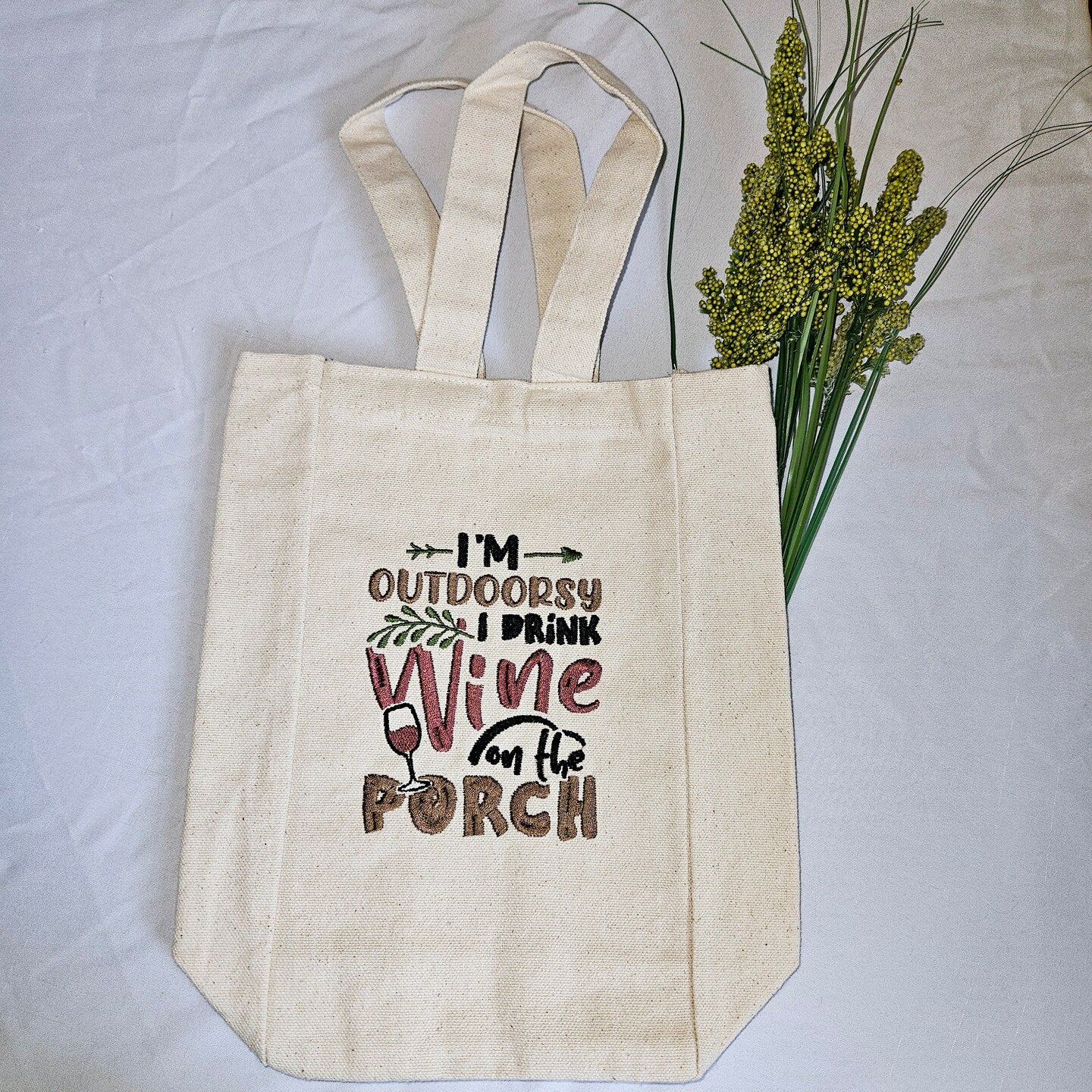 Embroidered Canvas Double Wine Tote Housewarming Wine Bag Gift Mother's Day Wine Sack Present Thank You Gift