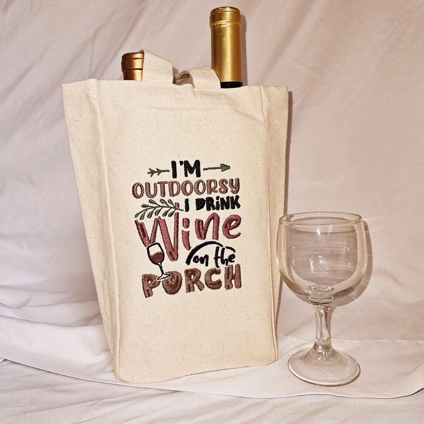 Embroidered Canvas Double Wine Tote Housewarming Wine Bag Gift Mother's Day Wine Sack Present Thank You Gift