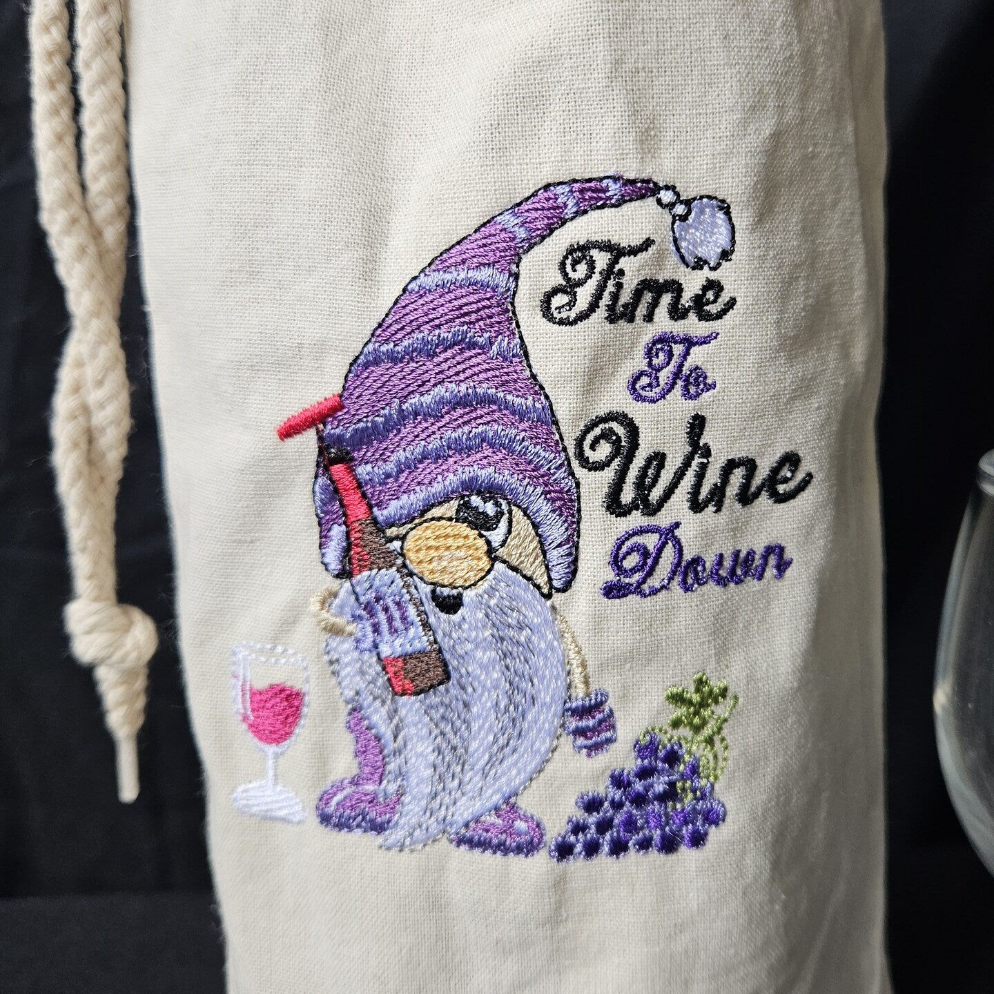 Embroidered Gnome Canvas Drawstring Wine Tote Housewarming Wine Bag Wine Sack Present Thank You Gift Hostess Gift Appreciation Wine Gift Bag