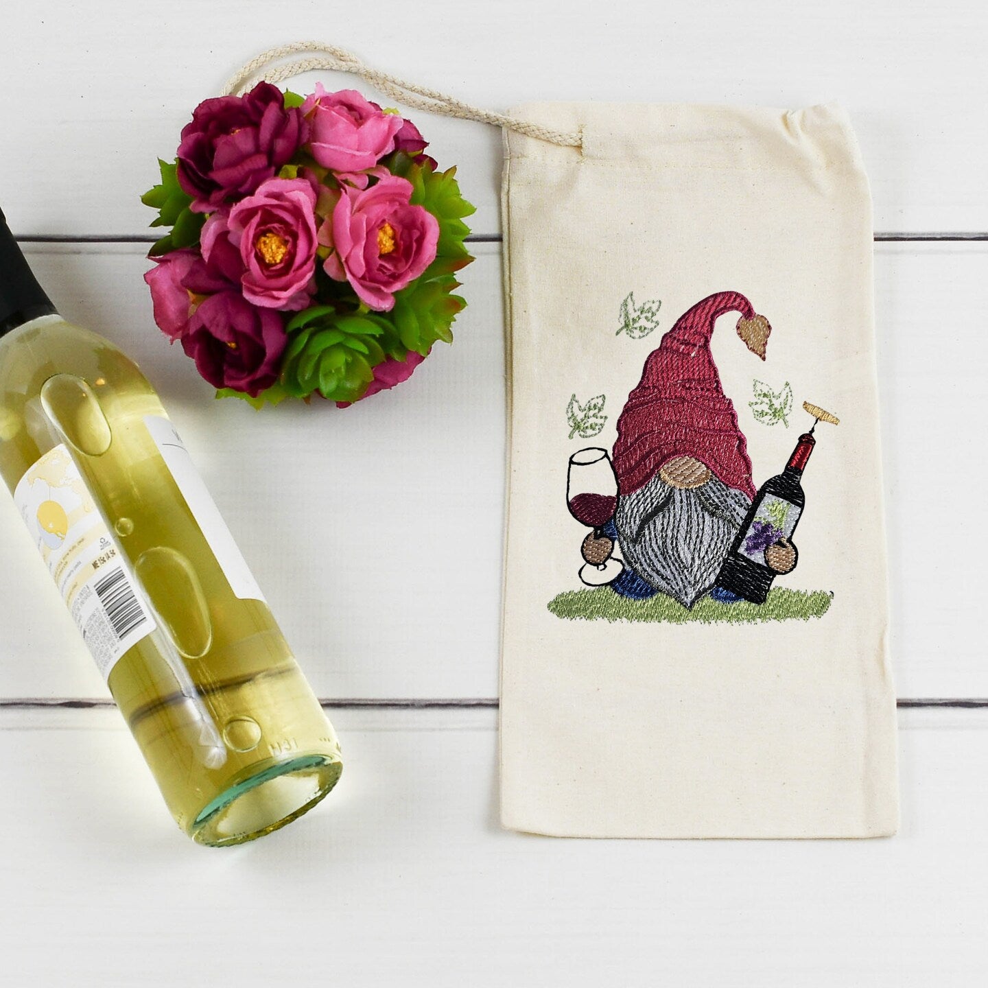 Embroidered Gnome Canvas Drawstring Wine Tote Housewarming Wine Bag Wine Sack Present Thank You Gift Hostess Gift Appreciation Wine Gift Bag