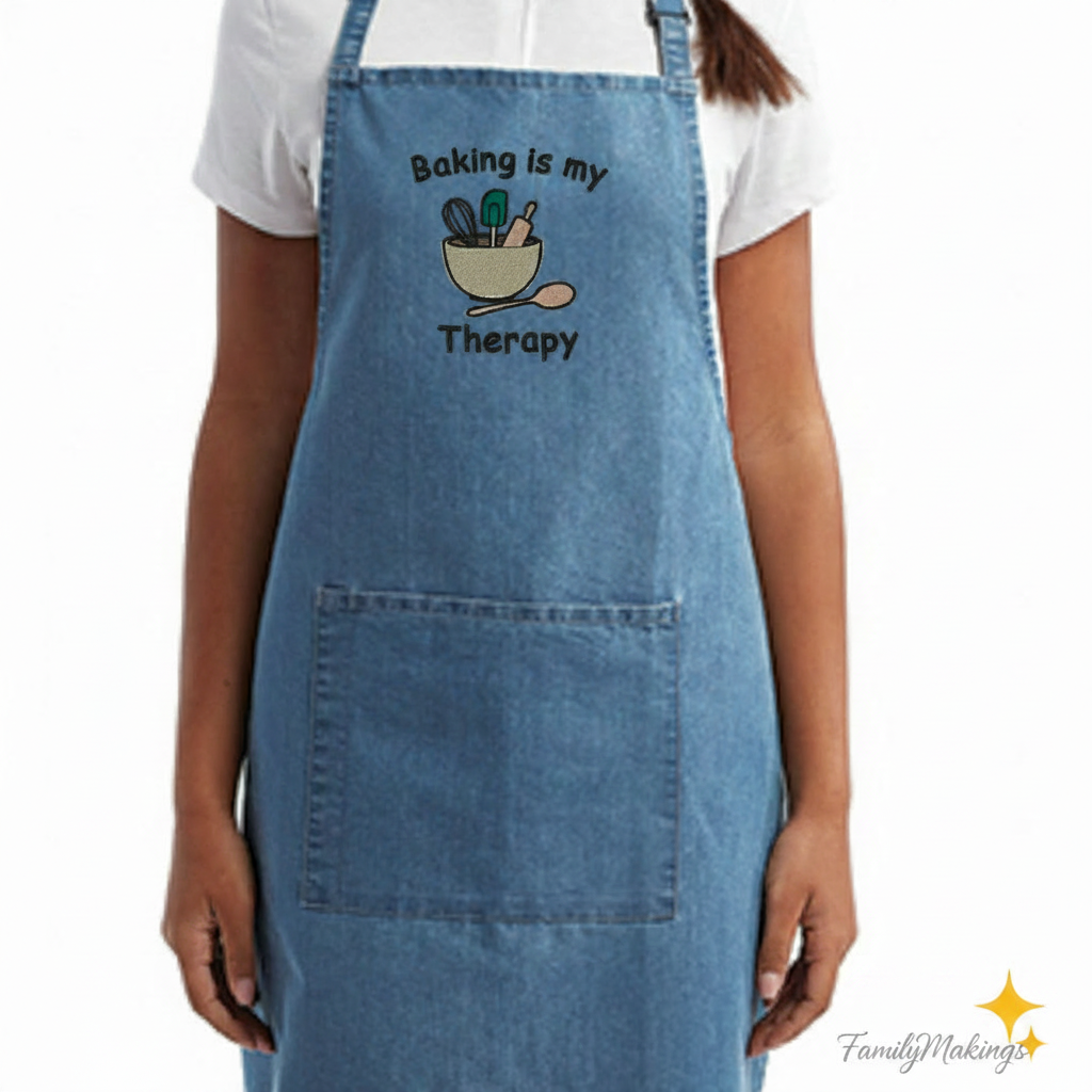 Person wearing a blue denim apron with 'Baking is my Therapy' text and graphics on a white background