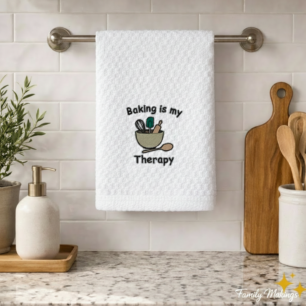 White towel with 'Baking is my Therapy' text and graphics hanging on a kitchen towel rack.
