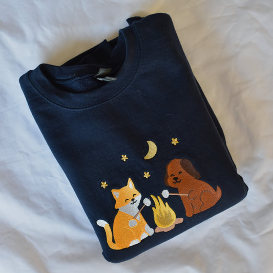 Cozy Campfire Friends Embroidered Sweatshirt | Fox & Dog Roasting Marshmallows | Fall Camping Crewneck or Hoodie