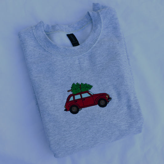 Christmas Car Embroidered Sweatshirt | Red Car with Tree | Gildan Hoodie or Crewneck | Made to Order | 11 Colors Available