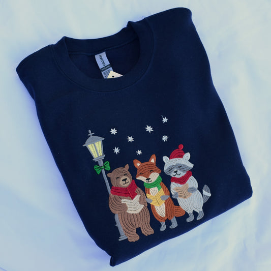 Woodland Carolers Embroidered Sweatshirt | Christmas Animals Singing | Gildan Hoodie or Crewneck | Made to Order | 11 Colors Available