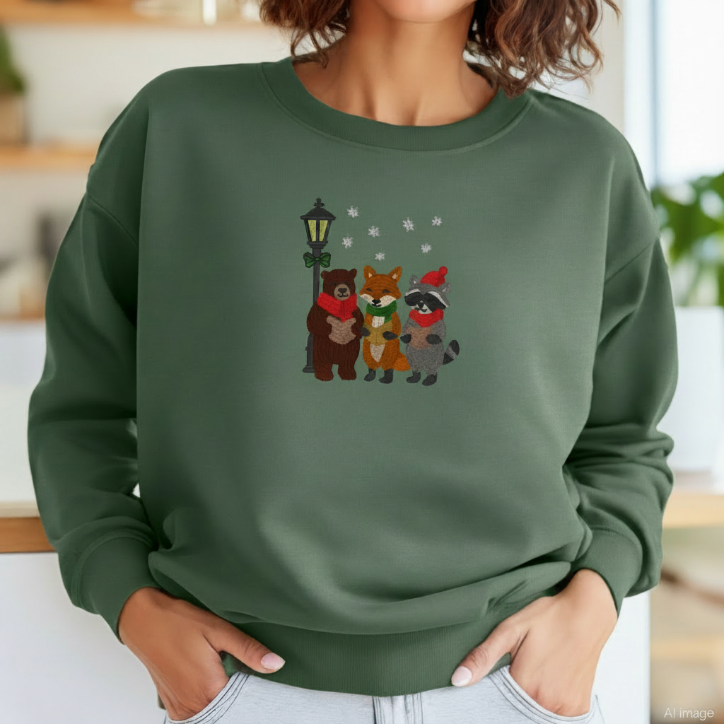 Military green sweatshirt with bear, fox and racoon design worn by a person indoors.