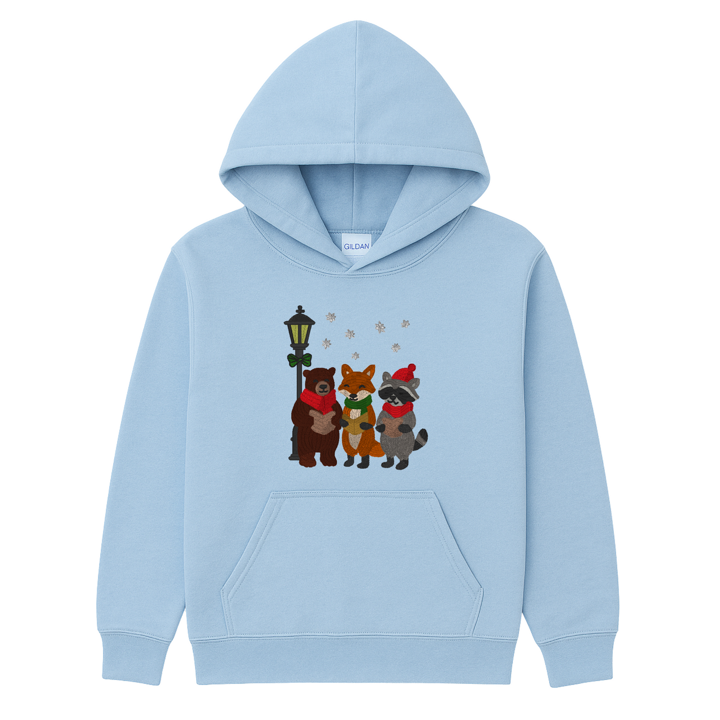 Light blue hoodie with cartoon bears. fox and raccoon design on a white background