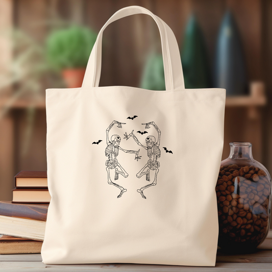 Personalized Embroidered Dancing Skeleton and Bats Canvas Book Bag Reusable Grocery Sack Custom Shopping Bag Tote Mother's Day Gift