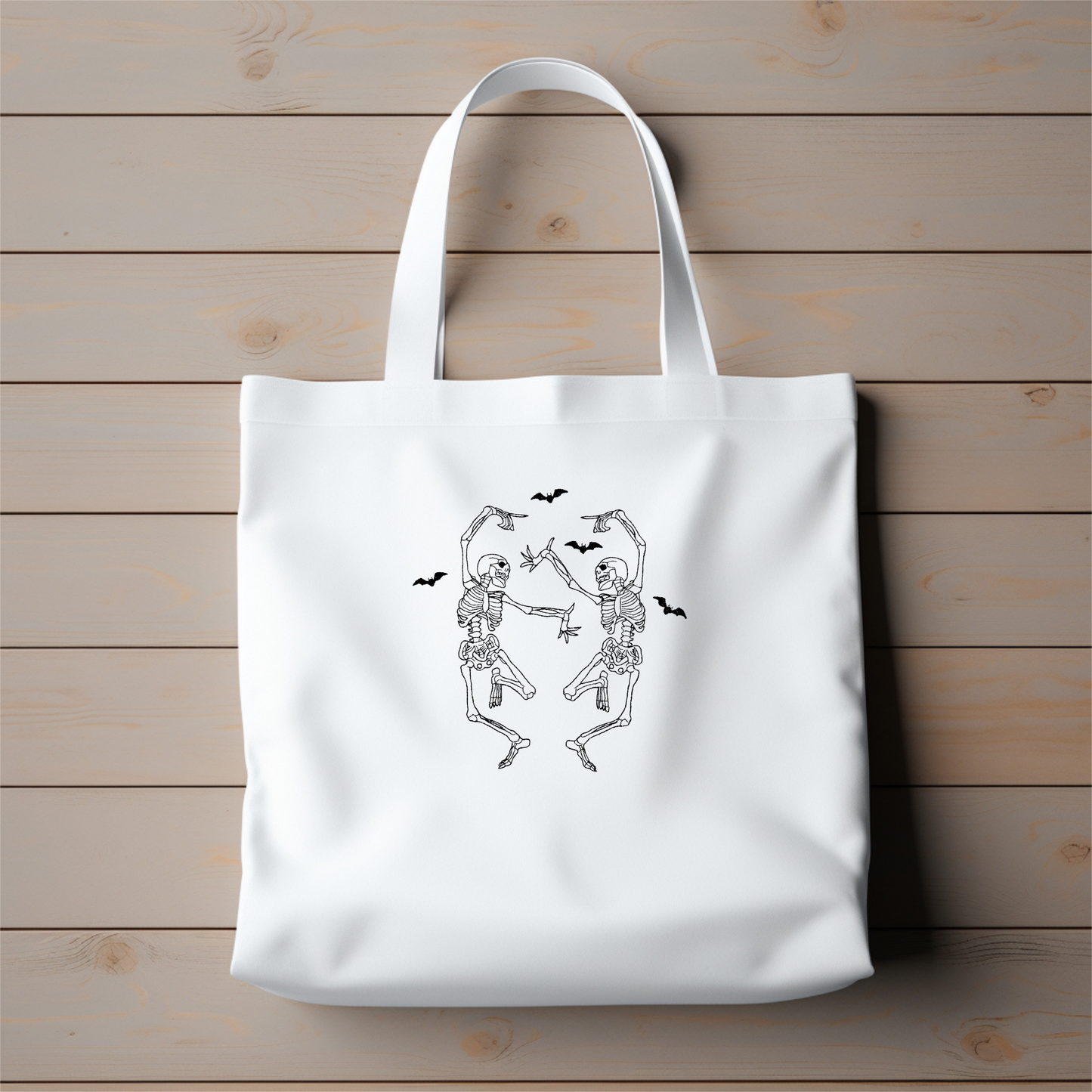 Personalized Embroidered Dancing Skeleton and Bats Canvas Book Bag Reusable Grocery Sack Custom Shopping Bag Tote Mother's Day Gift