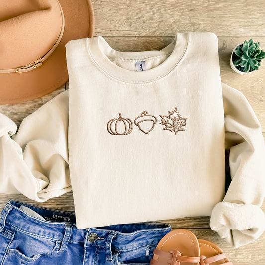 Embroidered Fall Sweatshirt Pumkin Acorn Leaf Womens Sweater Gift Comfy Pullover Unisex Hoodie Embroidered Custom Crewneck for Mom