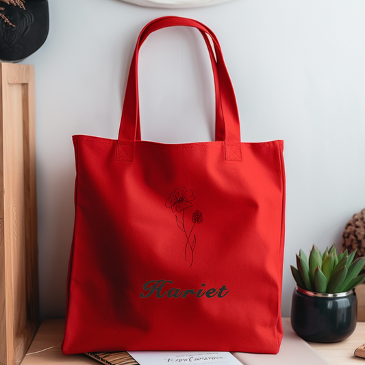Personalized Embroidered Canvas Book Bag Reusable Grocery Sack Custom Shopping Bag Canvas Tote Mother's Day Gift Present for Flower Lover