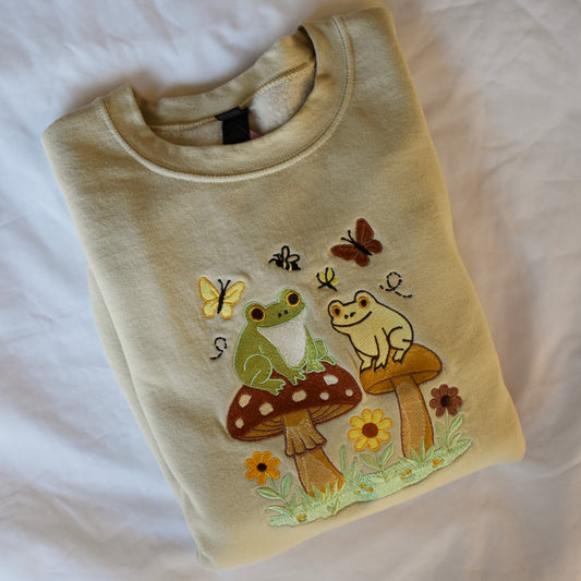 Frogs on Mushrooms Embroidered Sweatshirt | Cute Nature Crewneck or Hoodie | Cottagecore Frog Sweater | Made to Order in 11 Colors