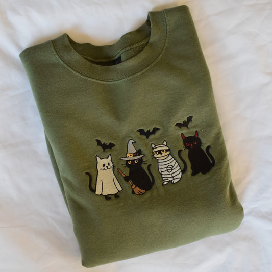 Embroidered Halloween Cat Sweatshirt – Ghost, Witch, Mummy & Devil Cats – Crewneck or Hoodie – Fall Spooky Season Sweater
