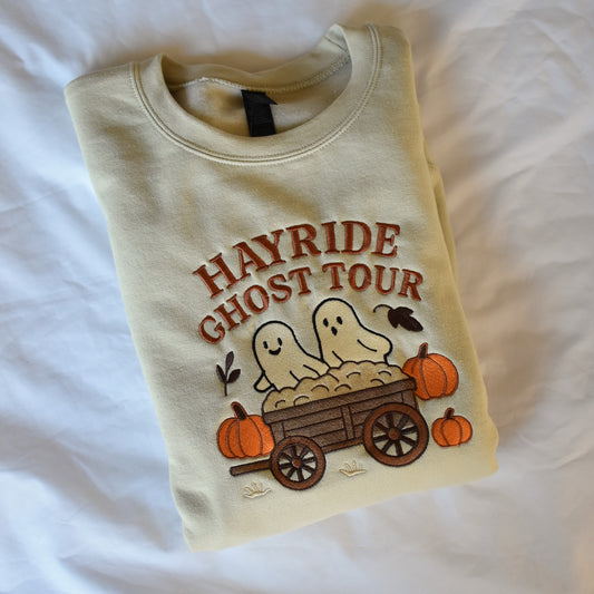 Hayride Ghost Tour Embroidered Sweatshirt | Fall Halloween Crewneck or Hoodie | Ghosts with Pumpkins & Hay Wagon | Autumn Cozy Sweatshirt