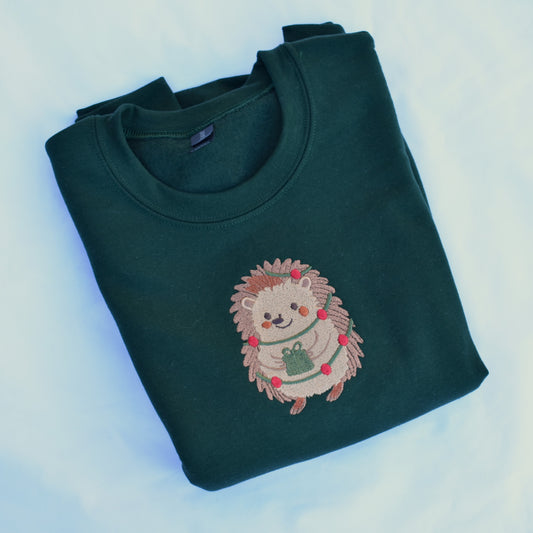 Christmas Hedgehog Embroidered Sweatshirt | Cute Animal Holiday Crewneck or Hoodie | Gildan | Made to Order | 11 Colors Available