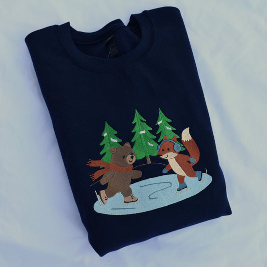 Woodland Ice Skating Embroidered Sweatshirt | Bear & Fox Winter Hoodie or Crewneck | Gildan | Made to Order | 11 Colors Available