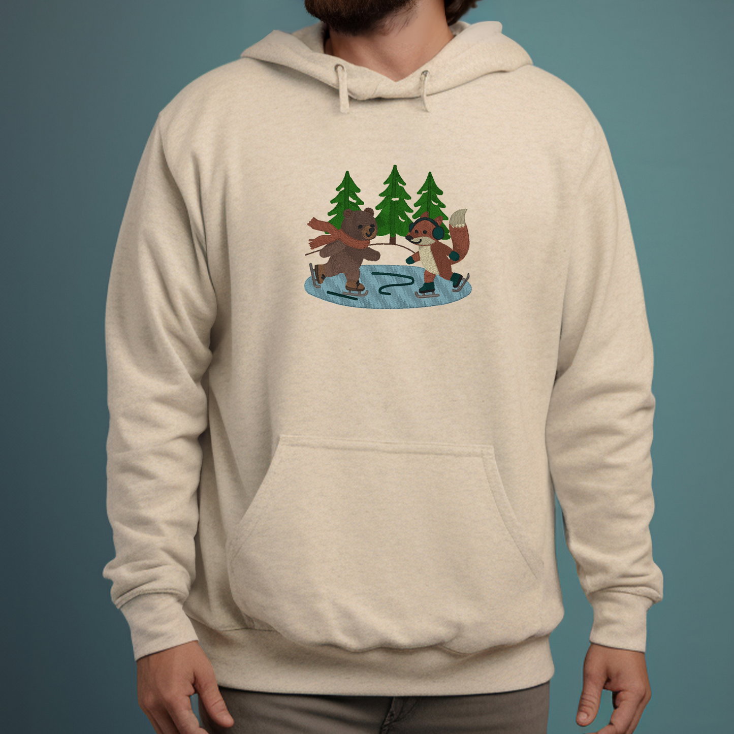 Woodland Ice Skating Embroidered Sweatshirt | Bear & Fox Winter Hoodie or Crewneck | Gildan | Made to Order | 11 Colors Available