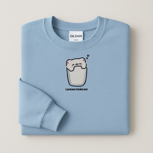 Lactose Intolerant Embroidered Sweatshirt | Cute Cat Glass of Milk | Gildan Hoodie or Crewneck | Made to Order | 11 Colors Available