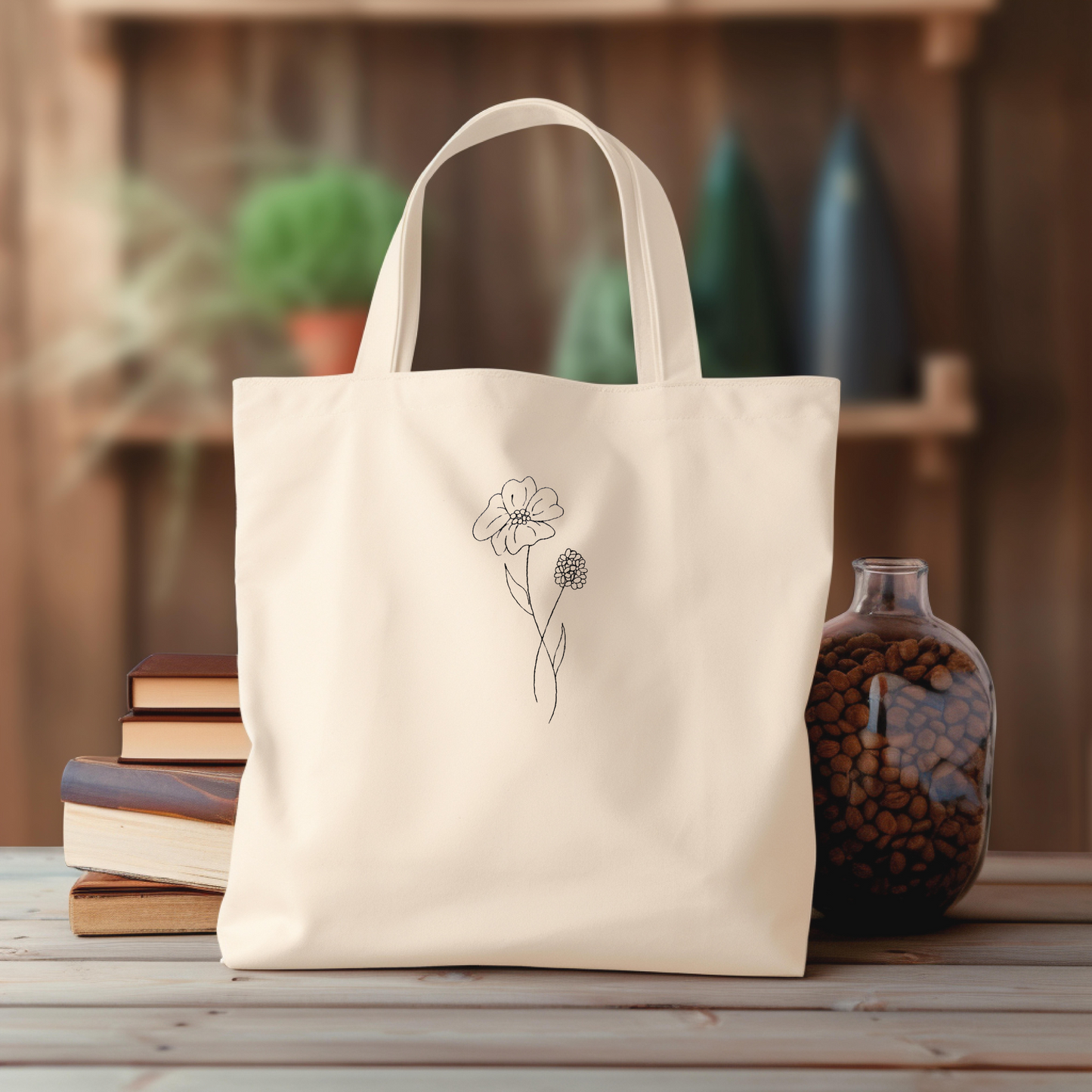 Personalized Embroidered Canvas Book Bag Reusable Grocery Sack Custom Shopping Bag Canvas Tote Mother's Day Gift Present for Flower Lover