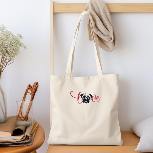 Personalized Embroidered Canvas Love Pug Book Bag Reusable Grocery Sack Custom Shopping Bag Canvas Tote Mother's Day Gift Present for Dog Lover