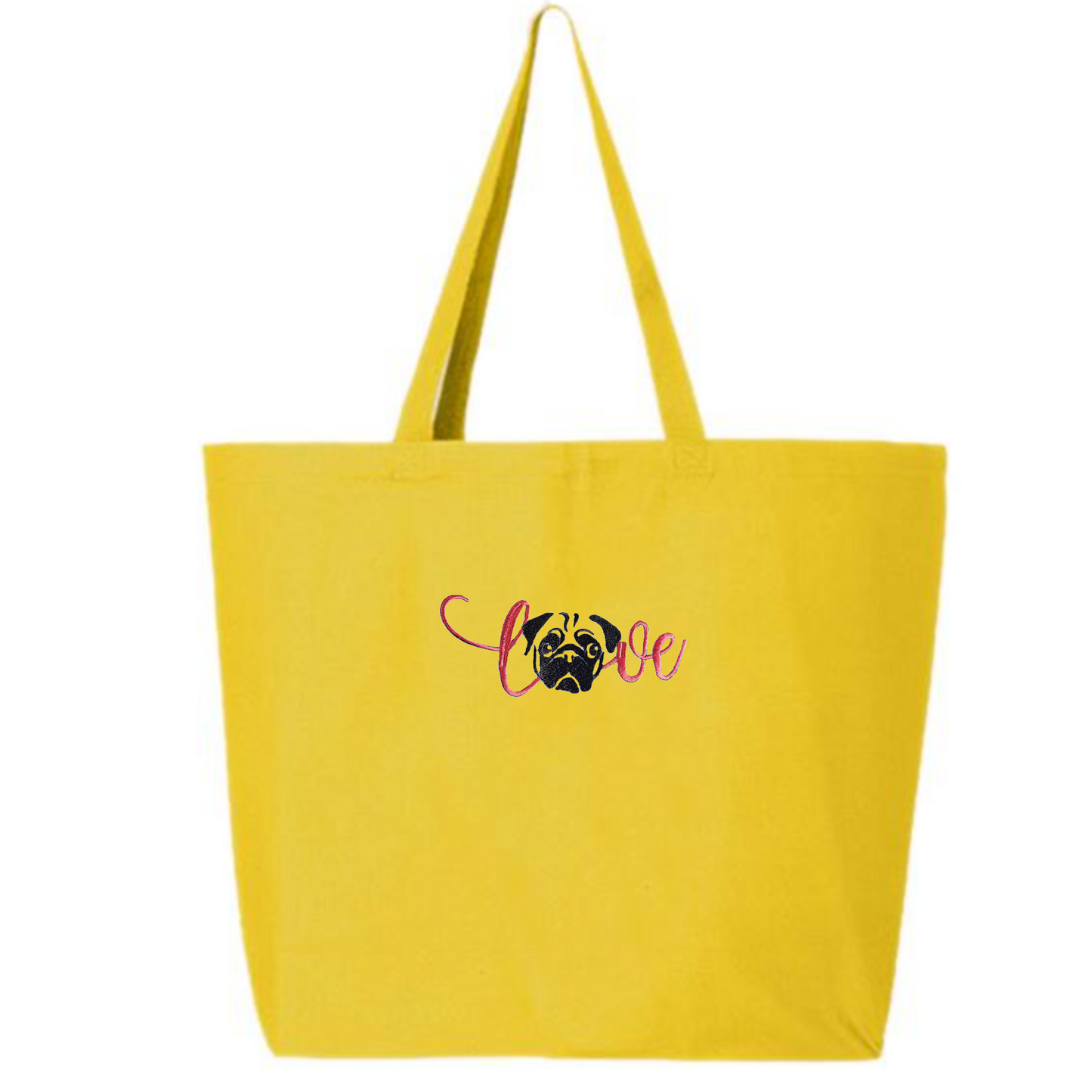 Personalized Embroidered Canvas Love Pug Book Bag Reusable Grocery Sack Custom Shopping Bag Canvas Tote Mother's Day Gift Present for Dog Lover