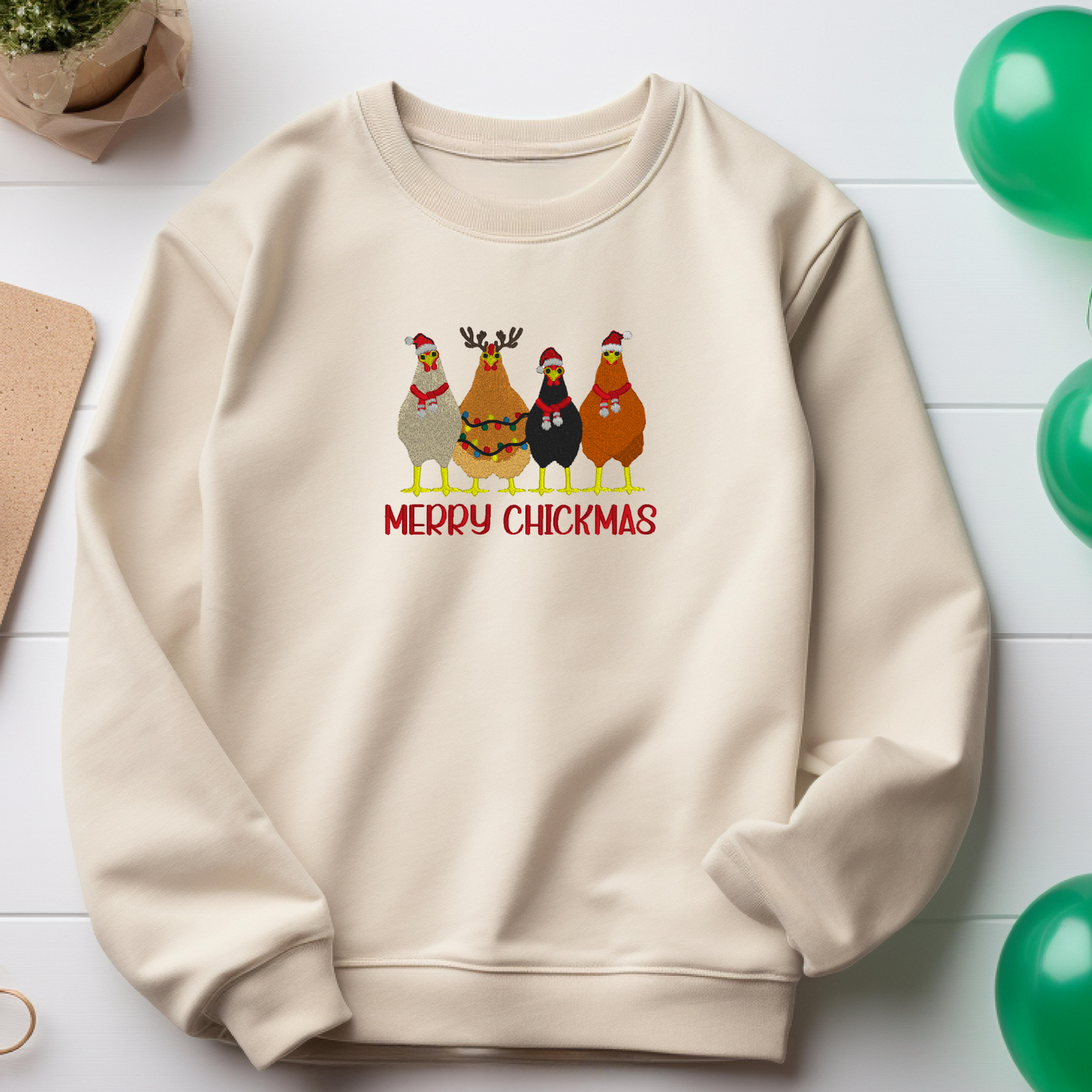 Embroidered Sweatshirt Merry Chickmas Sweater Comfy Gift Women's and Men's Pullover Present Unisex Hoodie Embroidered Custom Crewneck