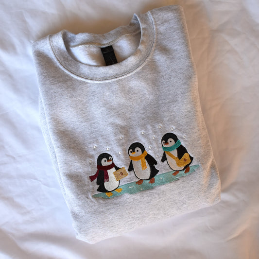 Embroidered Penguin Sweatshirt | Winter Holiday Crewneck or Hoodie | Cute Christmas Embroidery | Made to Order Cozy Winter Pullover