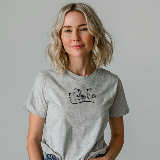 Embroidered T-shirt Pig Cow Chicken Womens Tee Shirt Gift Unisex Comfy Pullover Shirt Teen Present Embroidered Custom Crewneck T-shirt Great Gift for Animal Lovers