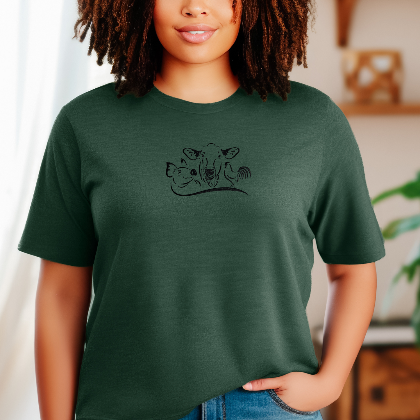 Embroidered T-shirt Pig Cow Chicken Womens Tee Shirt Gift Unisex Comfy Pullover Shirt Teen Present Embroidered Custom Crewneck T-shirt Great Gift for Animal Lovers