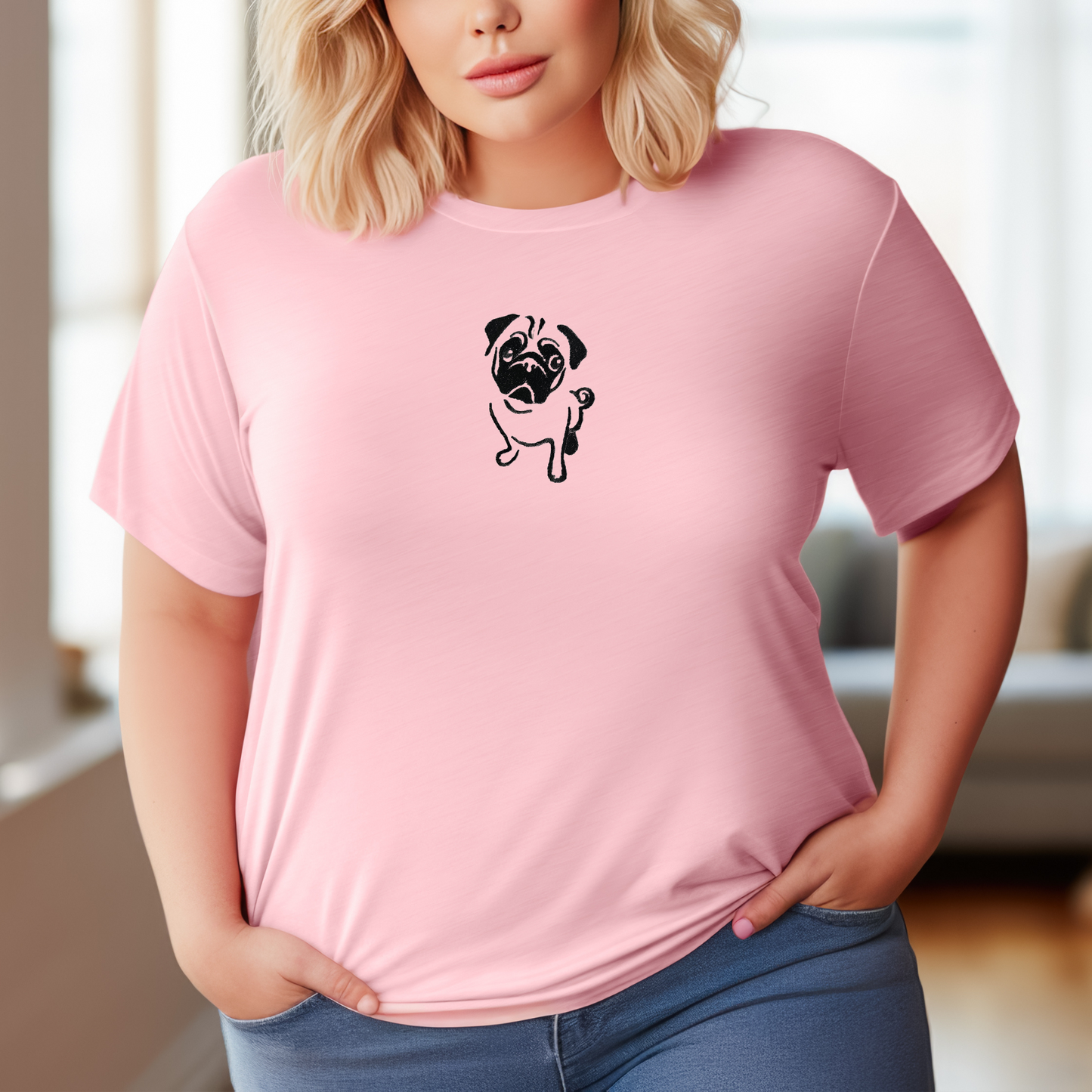 Embroidered T-shirt Pug Womens Tee Shirt Gift Unisex Comfy Pullover Shirt Teen Present Embroidered Custom Crewneck T-shirt Great Gift for Dog Lovers